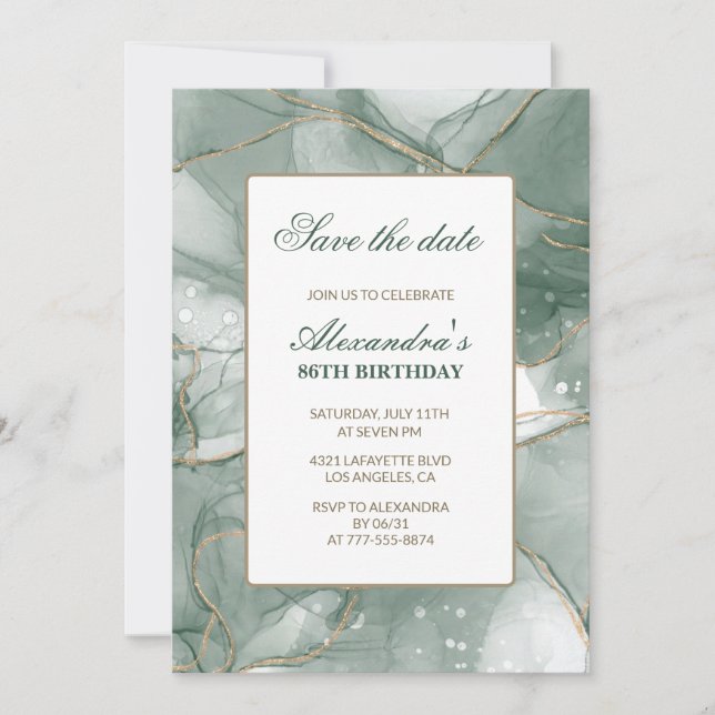 Elegant Save the date Green 86th birthday Invitation (Front)