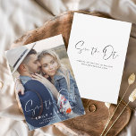 Elegant Save the Date Photo Modern Script<br><div class="desc">Modern and Elegant Handwritten Script Portrait Vertical Photo Save the Date Wedding Card. The save the date invitation card includes a chic and stylish typography with a simple and minimalist design on a White background that you can add your customised engagement photograph picture to.</div>
