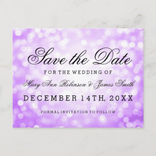Elegant Save The Date Purple Glitter Lights Announcement Postcard