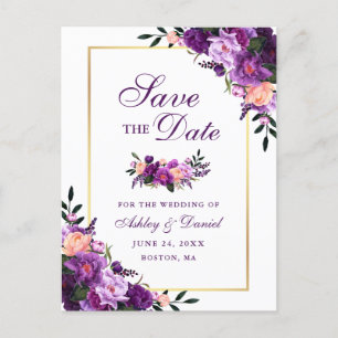 Elegant Save the Date Purple Violet Floral Gold Announcement Postcard