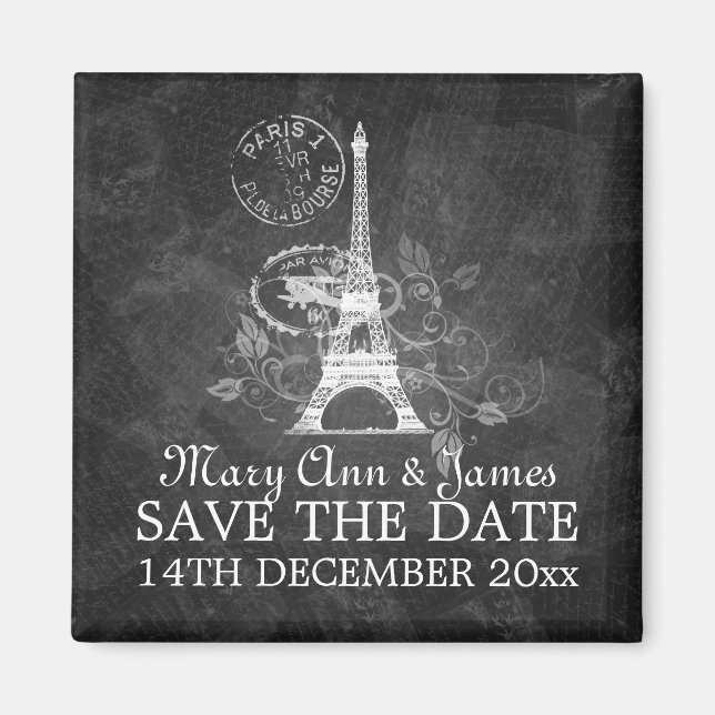 Elegant Save The Date Romantic Paris Black Magnet (Front)