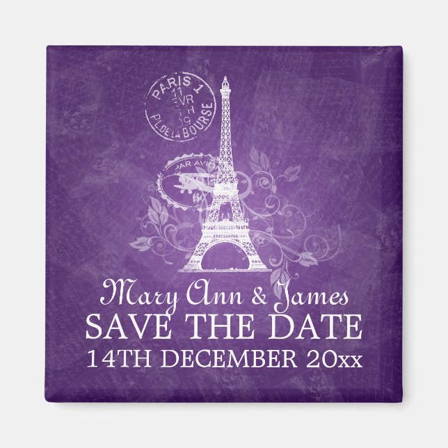 Elegant Save The Date Romantic Paris Purple Magnet (Front)