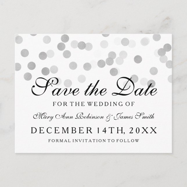 Elegant Save The Date Silver Foil Glitter Lights Announcement Postcard (Front)