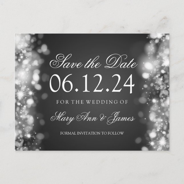 Elegant Save The Date Sparkling Lights Silver Announcement Postcard (Front)