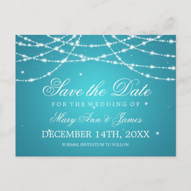 Elegant Save The Date Sparkling String Turquoise Announcement Postcard (Front)