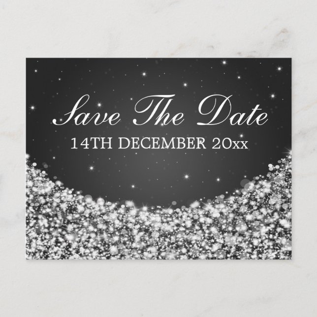 Elegant Save The Date Star Sparkle Black Announcement Postcard (Front)