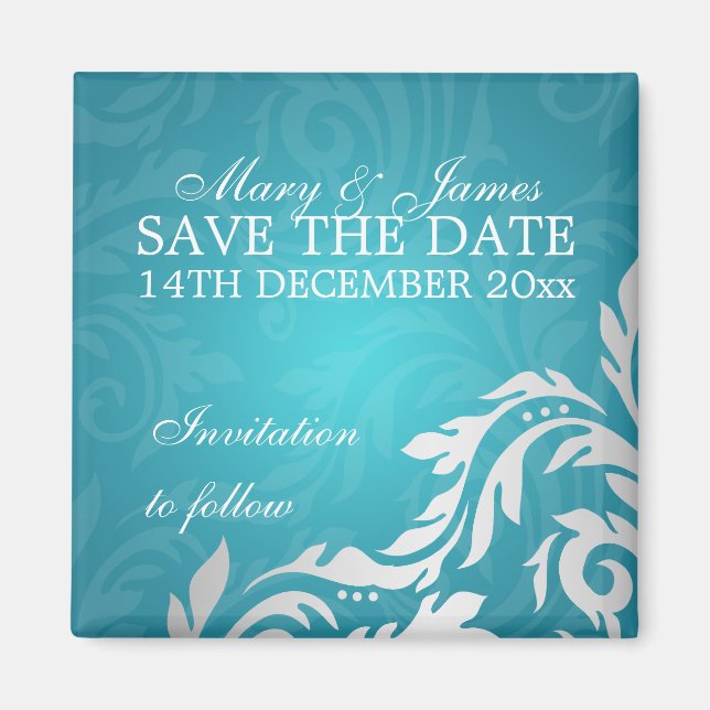 Elegant Save The Date Swirly Flourish Aqua Blue Magnet (Front)