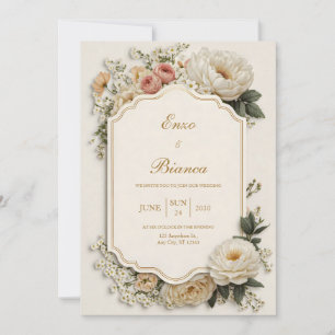 Elegant Scalloped Blush Peony Floral Wedding Invitation