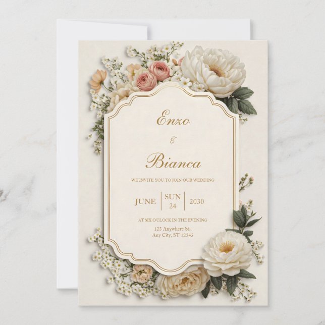Elegant Scalloped Blush Peony Floral Wedding Invitation (Front)