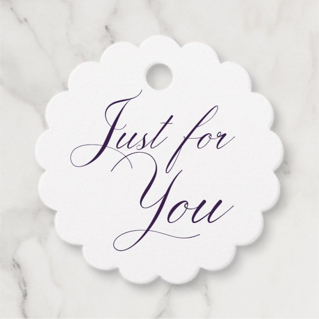 Elegant Scalloped Edge Purple Script Wedding  Favo Favour Tags (Front)
