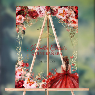 Elegant Scarlet Floral Gold Quinceañera Welcome Acrylic Sign