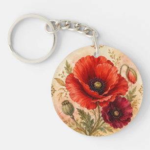 Elegant Scarlet Poppy Floral Medallion Key Ring