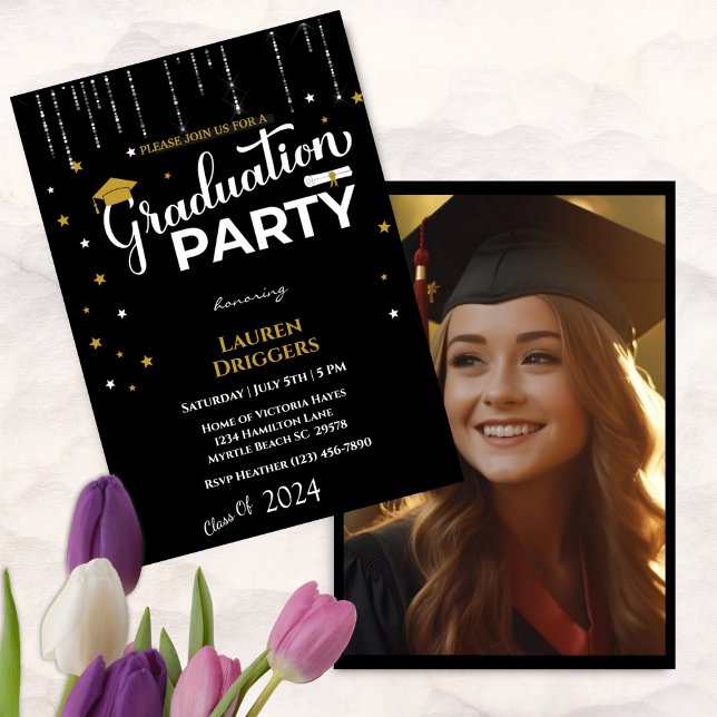 Elegant School Graduation Photo Year Glitter Invitation (Editable Graduation Year)