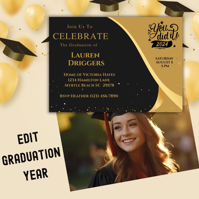 Elegant School  Graduation Photo Year Glitter Invitation (Creator Uploaded)