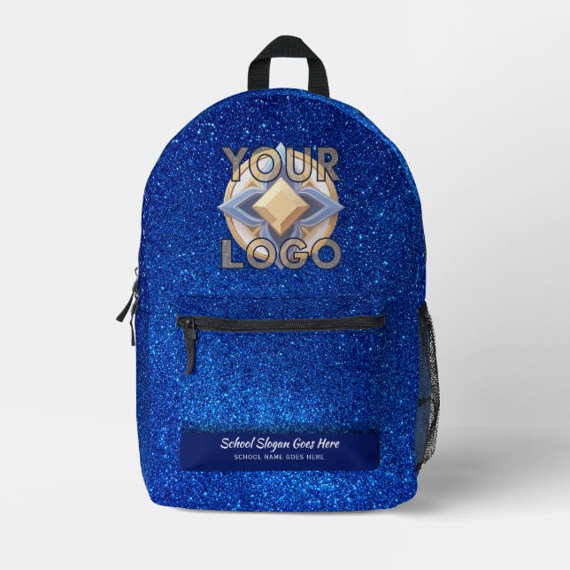 Elegant School Logo Navy Blue Glitter Slogan Brand Printed Backpack (Front)