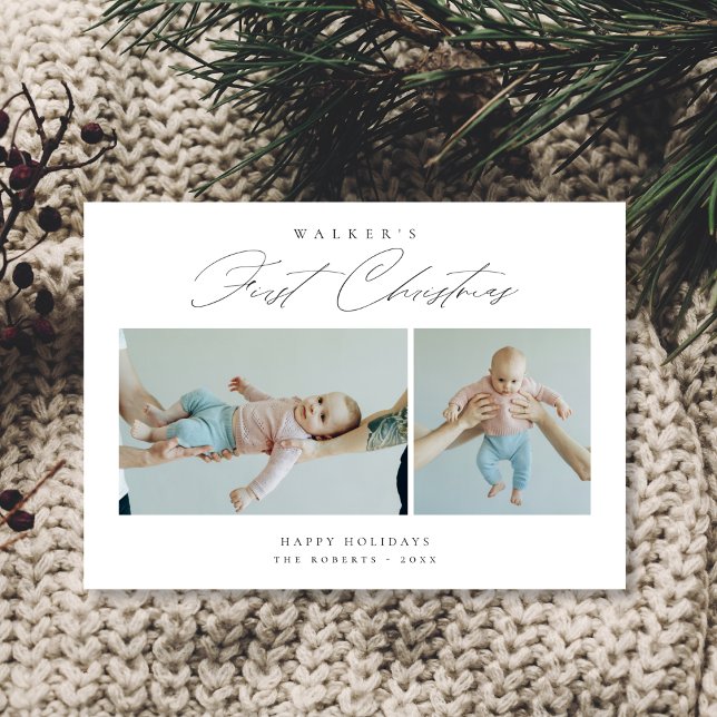 Elegant Scipt Baby's First Christmas Cute 2 Photo Holiday Card (Creator Uploaded)