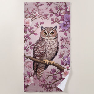 Elegant Scops Owl Purple Floral Beach Towel