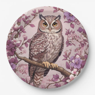 Elegant Scops Owl Purple Floral Paper Plate