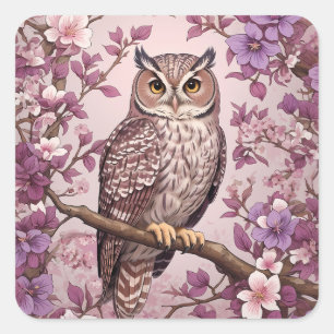 Elegant Scops Owl Purple Floral Square Sticker