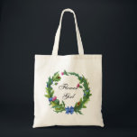 Elegant Scottish Thistle Floral Flower Girl Tote Bag<br><div class="desc">This bridal party tote bag features the text "Flower Girl" surrounded by an elegant floral watercolor wreath of Scottish Thistle flowers and foliage in green and pink with a blue bow and ribbon interwoven through the leaves. The text can be personalised by editing the text box. Designed to coordinate with...</div>