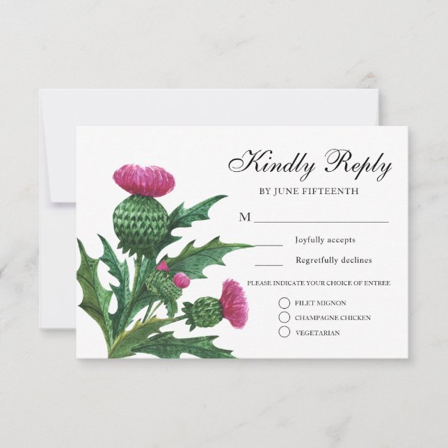 Elegant Scottish Thistle Wedding Meal Choice RSVP Invitation (Front)