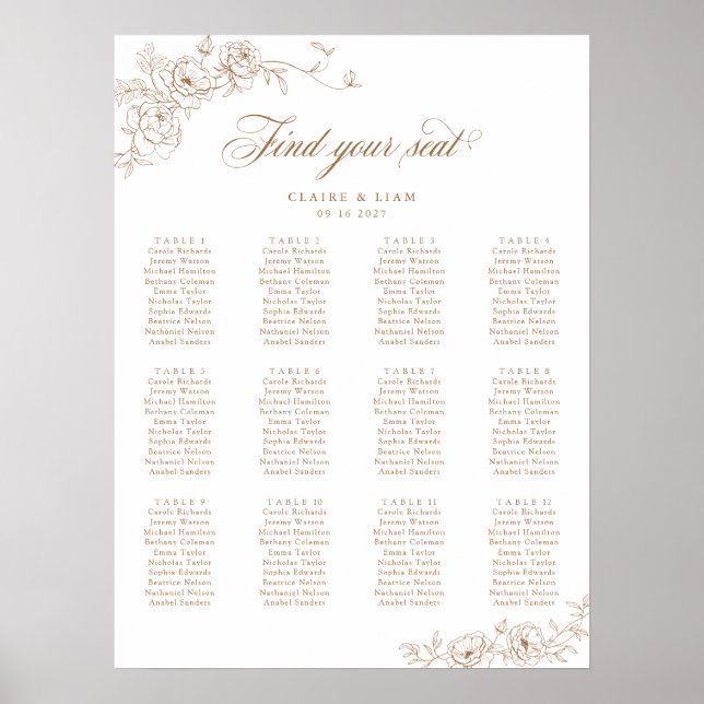Elegant Scrip 12 Table Rose Wedding Seating Chart (Front)