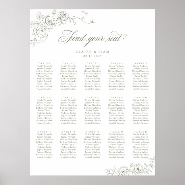 Elegant Scrip 15 Table Rose Wedding Seating Chart (Front)