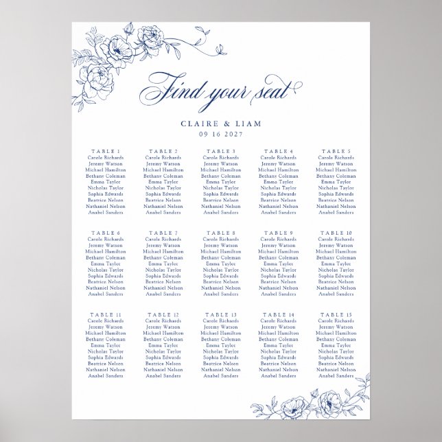 Elegant Scrip 15 Table Rose Wedding Seating Chart (Front)