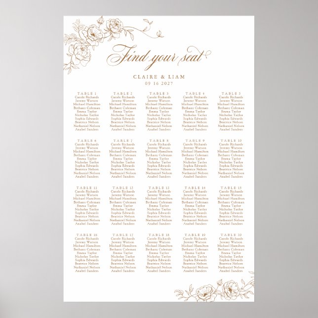 Elegant Scrip 20 Table Rose Wedding Seating Chart (Front)