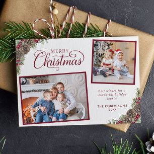 Elegant Script 2 Photo Pine Cones Merry Christmas Holiday Card