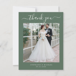 Elegant Script 2 Photo Wedding Sage Green Thank You Card