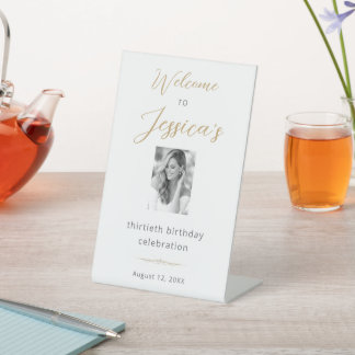 Elegant Script 30th Birthday Party Photo Welcome Pedestal Sign