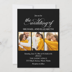Elegant Script 3 Photo Black White Wedding Invitation