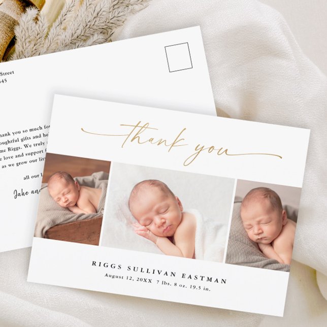 Elegant Script 3 Photo Collage Baby Thank You Postcard (Modern elegant gold script 3 photo baby thank you card birth announcement.)