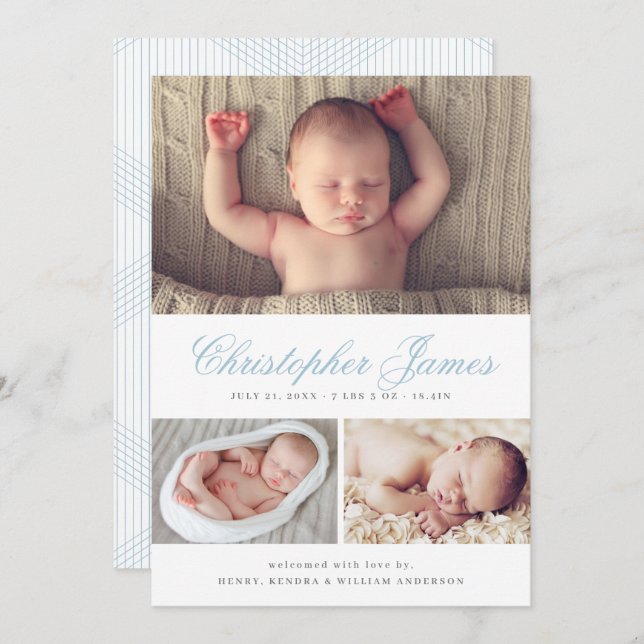 Elegant Script 3 Photo Collage Birth Announcement (Front/Back)