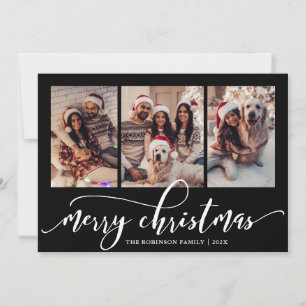 Elegant Script 3 Photo Collage Black Christmas  Holiday Card