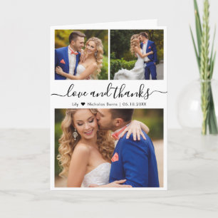 Elegant Script 3 Photo Collage Heart Wedding Thank You Card