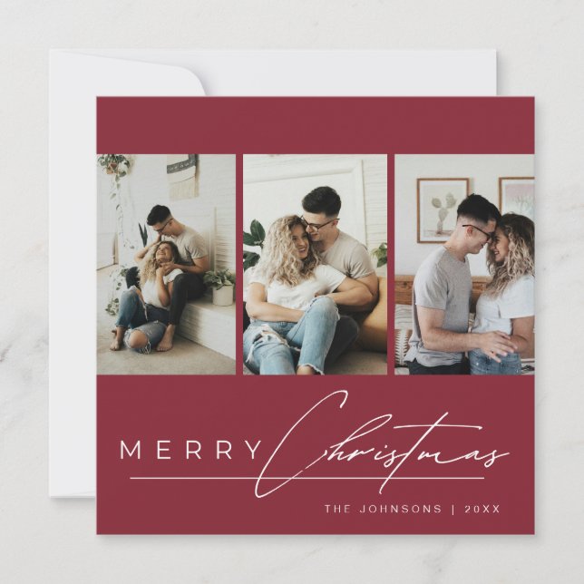 Elegant Script 3 Photo Collage Red Merry Christmas Holiday Card (Front)
