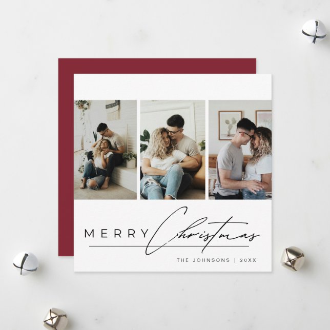 Elegant Script 3 Photo Collage Red Merry Christmas Holiday Card (Front/Back In Situ)