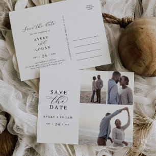 Elegant Script 3 Photo Collage Save the Date Invitation Postcard