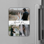 Elegant Script 3 Photo Collage Wedding Thank You Magnet<br><div class="desc">Elegant, Minimalist Hand Lettered Wedding Photo Thank You magnets. Stylish wedding thank you card template featuring three photo. With the text "Love and thanks" in a beautiful swirly hand lettered typography script font with swash or tails in black colour on white background. Heart shape between the names. Easy to personalise...</div>