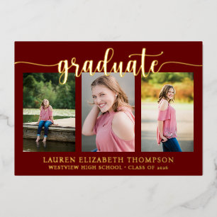 Elegant Script 3 Photo Maroon Graduation Gold