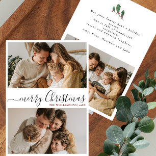 Elegant Script 3 Photo Minimal Christmas Greetings Holiday Card