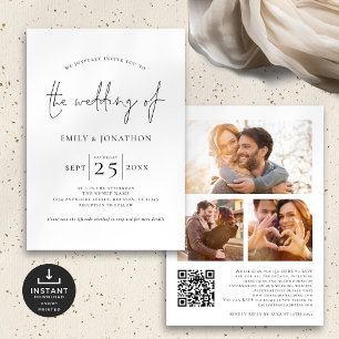 Elegant script 3 Photo QR Code Black White Wedding Invitation