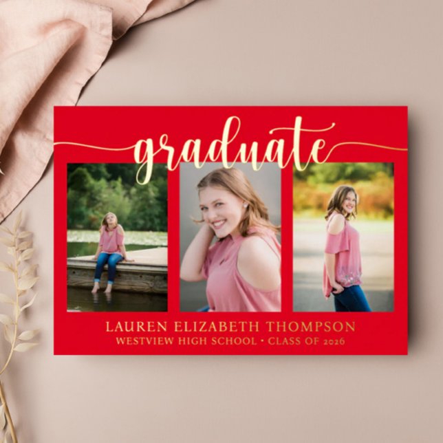 Elegant Script 3 Photo Red Graduation Gold (Creator Uploaded)