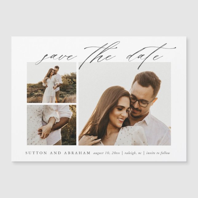 Elegant Script 3 Photo Wedding Save The Date Magnetic Invitation (Front)