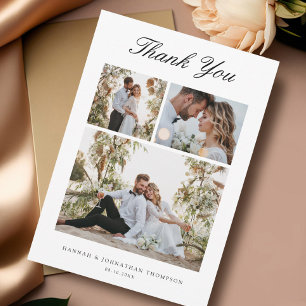 Elegant Script 3 Photo Wedding  Thank You Card
