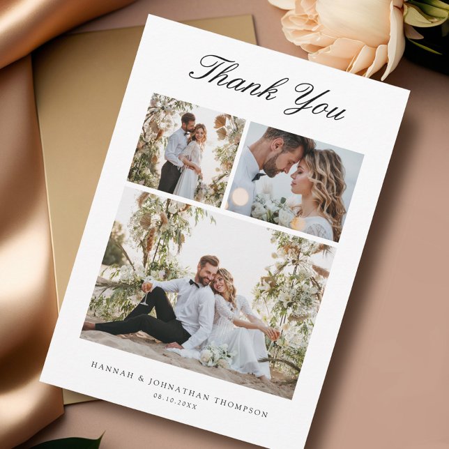Elegant Script 3 Photo Wedding  Thank You Card (Creator Uploaded)