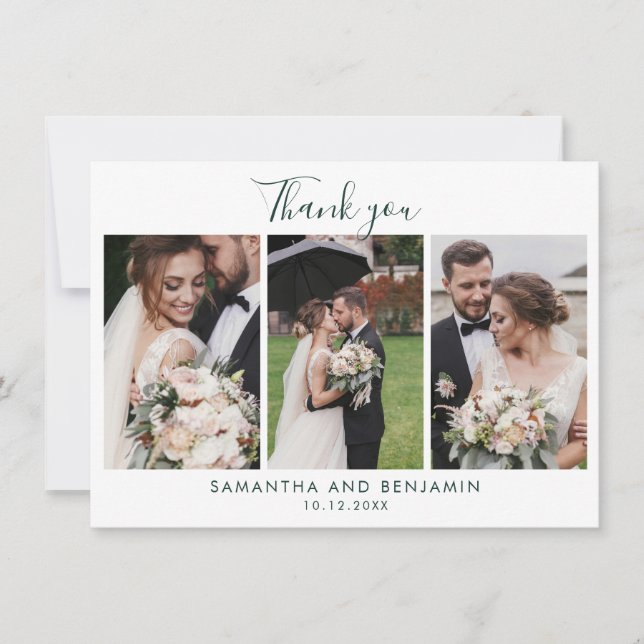 Elegant Script 3 Photos Wedding Thank You Card (Front)