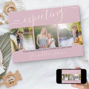 Elegant Script 3 Square Photo Baby Girl Pregnancy Announcement